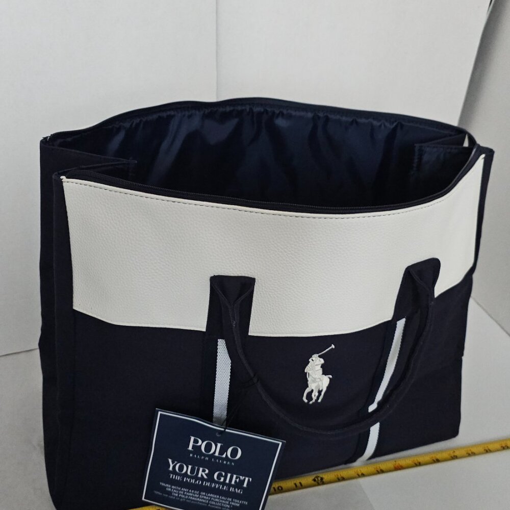 Polo Ralph Lauren Navy Canvas & Leather Trim Large Tote Travel Carryall bag - Picture 3 of 17